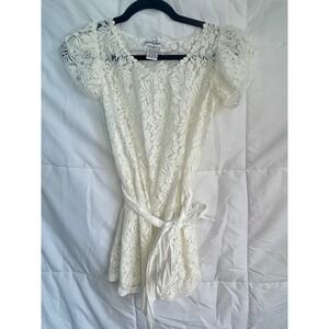 Ultra Pink Lace Overlay Top Short Sleeve Belted Ivory Women's Medium